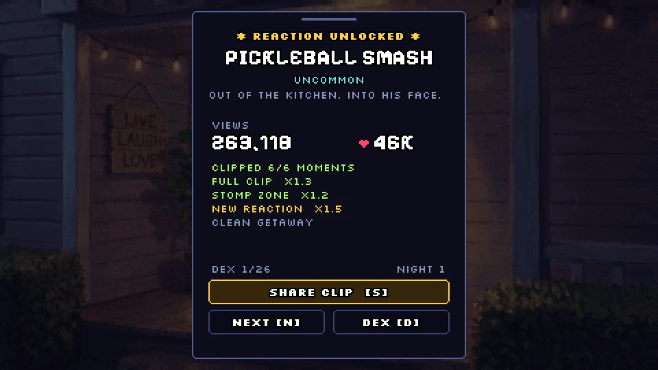 Results screen: reaction unlocked, views and likes